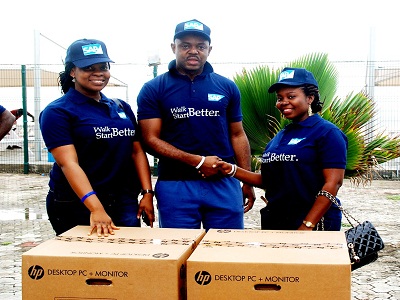 (L-r): Afinni Eniola of Fate Foundation, Richard Edet, managing director, SAP West Africa and Omoware Ajoke, of Fate Foundation at the presentation of desktop computers by SAP West Africa to Fate Foundation during SAP's Walkathon which held in Lagos at the weekend.